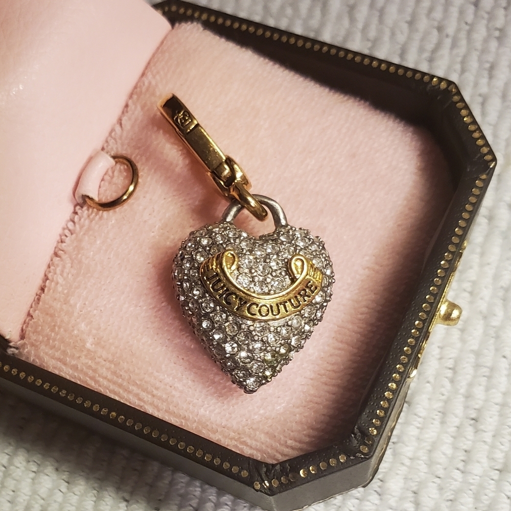 Juicy Couture Rhinestone Pave Crystal Gem Gold Banner Heart Charm Lobster Clasp